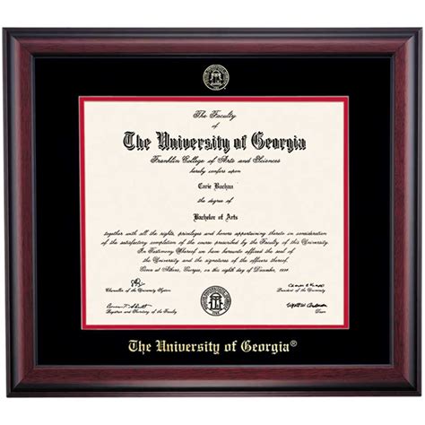 Uga diploma frame - Proudly display your diploma in this great wood diploma frame with a panoramic lithograph of the UGA Arch. Double acid free black and red mats with acid free backing. Protective glass. 23'' W x 32'' H. Get your University of Georgia 23 x 32 Diploma Frame here today at the official University Of Georgia Bookstore.